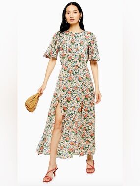 Topshop Austin floral print angel sleeve midi dress